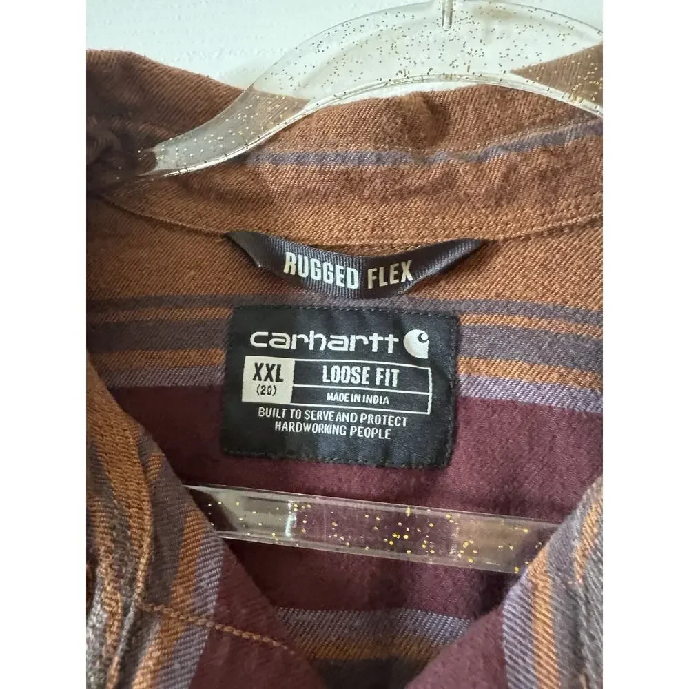 Carhartt Women’s Rugged Flex Loose Fit Flannel Shirt Brown Maroon Stripe Sz XXL - Picture 3 of 9